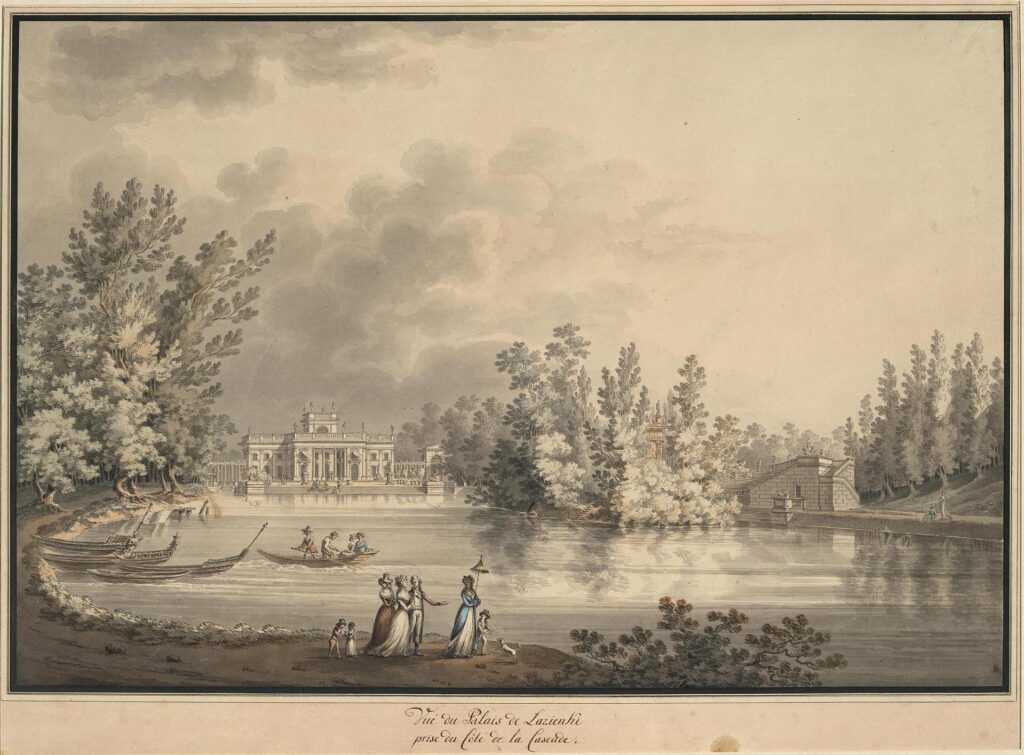 Łazienki. View of the Palace on the Island from the Side of the Waterfall