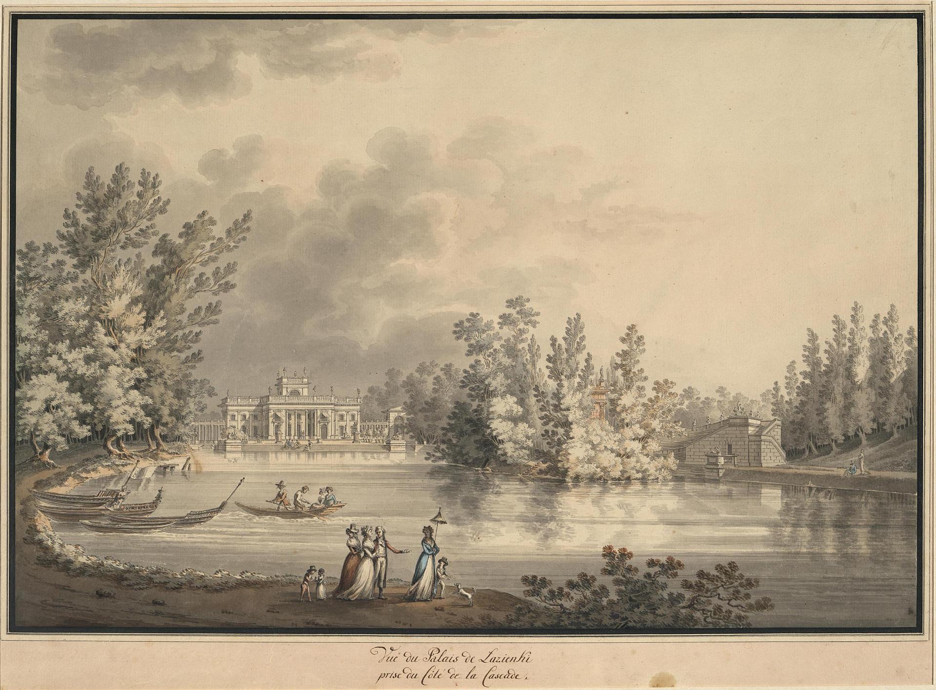 Łazienki. View of the Palace on the Island from the Side of the Waterfall
